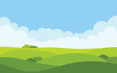Vector illustration of a grass field and blue sky. Simple nature landscape vector background suitable for social media, mobile app, web and advertising.