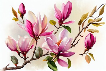 Watercolor Illustration of a Beautiful Pink Magnolia Flowers In The Spring, Art Illustration. Generative AI