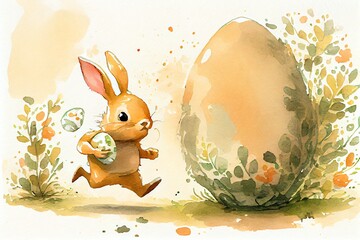 Watercolor Illustration of a Bunny Hop And Easter Egg Hunt. Generative AI