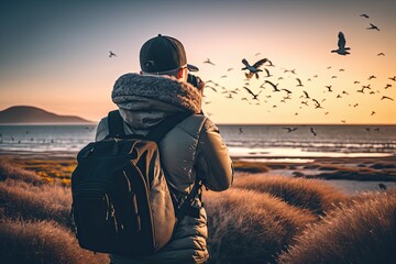 A photograph of a man taking pictures of migratory birds by the lake. Generated by AI. - obrazy, fototapety, plakaty