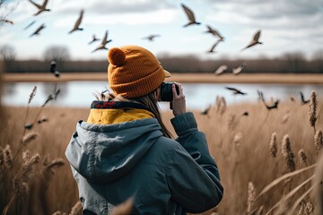 A photograph of a girl taking pictures of migratory birds by the lake. Generated by AI - obrazy, fototapety, plakaty