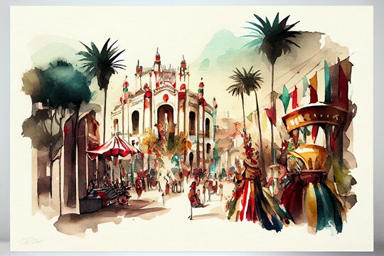 Watercolor Illustration of a Carnival Parade In The City, Art Illustration. Generative AI