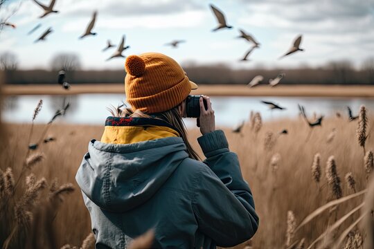 A photograph of a girl taking pictures of migratory birds by the lake. Generated by AI