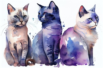 Watercolor Illustration of a Cats In Blue Purple Colors, In Flat Cartoon Style. Generative AI