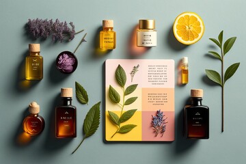 A beautifully arranged composition of various botanical oils used for self-care and beauty treatments. Generated by AI.