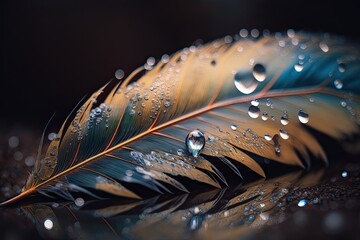 A striking close-up of a dark feather with water droplets, captured in stunning macro detail. Generated by AI.