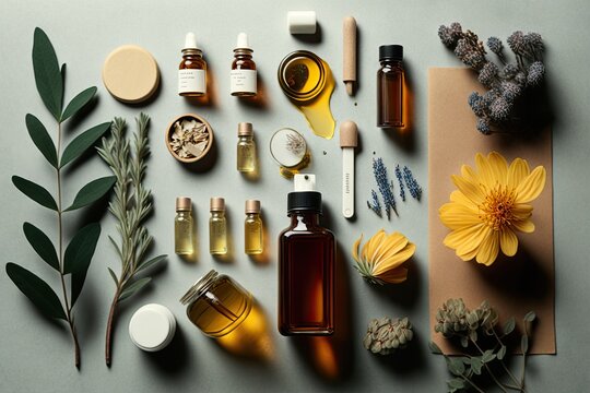 A stunning composition of various botanical oils used for self-care, beauty, and relaxation. Generated by AI.