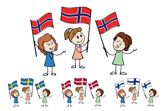 Cartoon women of different ages holding and waving flags of Norway, Sweden, Finland, Denmark. Happy stick figures for the concept of demonstration, national holiday or patriotism. Independence Day
