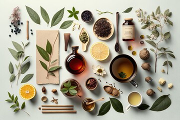 Herbal tea with various ingredients, beautiful illustration. Generated by AI. - obrazy, fototapety, plakaty
