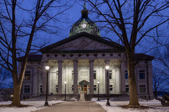 The 1897 Classic Revival Broome County Court House seen during winter evening at 92 Court St, Binghamton, NY, USA