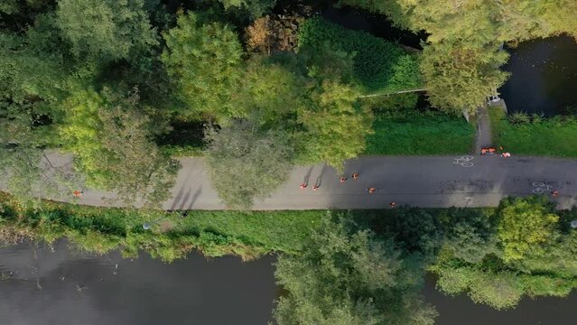 A drone footage flying parallel over a park path where runners in orange shirts are running. The drone flies over the green crowns of trees.