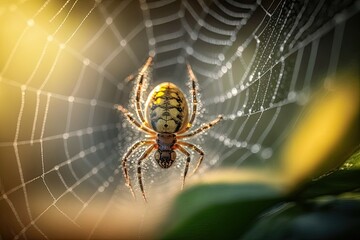Close-up shot of a spider and its web. Generated by AI.