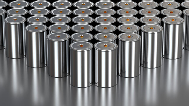 lot lithium traction 4680 accumulator cell for battery modules, mass production batteries high power, energy for electric vehicles, dry electrode, alternative energy development concept, 3d rendering