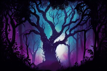 Fototapeta premium Watercolor Illustration of a Dark Tree Silhuettes In Enchanted Forest At Night, Fog And Mysterious Glow, Illustration. Generative AI