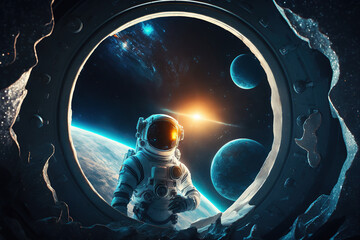Obraz na płótnie Canvas An astronaut looks at the splace with planets from the window porthole of the spacecraft, Astronaut on a spaceship before spacewalk, Sci-fi space exploration concept. AI Generative