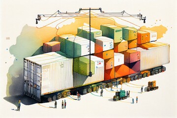 Watercolor Illustration of a Distribution Networks That Deliver, Loading Loading With Goods. Generative AI