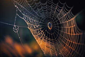 Macro shot of a spiderweb in the wild with a blurred background. Generated by AI.