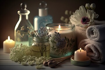 Fototapeta na wymiar Aromatherapy concept with a bottle of fragrant essential oil and a burning candle. Generated by AI