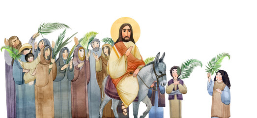 Watercolor illustration of Palm Sunday: Jesus Christ enters Jerusalem on a donkey, people greet him with palm branches. For Christian church publications, prints, bible magazines