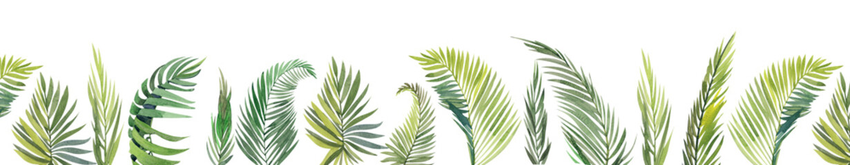 Watercolor seamless border made of palm leaves, branches,isolated elements on a white background. For Palm Sunday designs