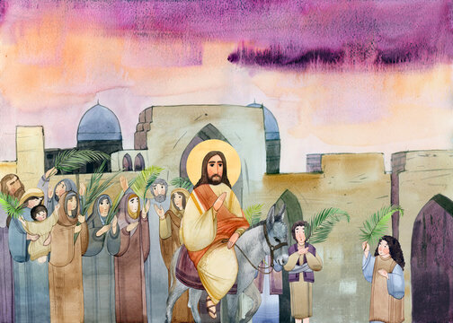 Watercolor illustration of Palm Sunday: Jesus Christ enters Jerusalem on a donkey, people greet him with palm branches. For Christian church publications, prints