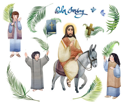 Watercolor set of Palm Sunday: Jesus Christ on a donkey, palm branches, bible, cross, children with palm branches, isolated on white background. For Christian holidays, church publications