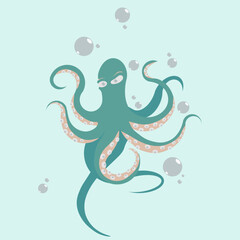Vector graphics of an underwater octopus on a blue background