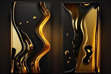Amazing abstract black golden texture. 3d vertical, generative AI