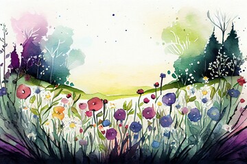 Watercolor Illustration of a Illustration Of A Flower Meadow In Spring. Generative AI