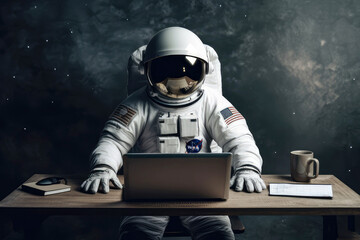 Astronaut sitzt an einem Schreibtisch und arbeitet am Laptop - Generative AI - obrazy, fototapety, plakaty