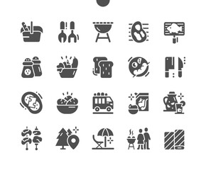 Picnic elements. Grill cutlery. Holiday, outdoors, vacation and weekend. Grill food and cooking. Tourist trailer. Vector Solid Icons. Simple Pictogram