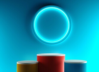 Abstract 3D room with set of steps realistic red, yellow and blue color and neon cylinder stand podium. Minimal wall scene for mockup product display. Geometric forms. Stage for showcase. 3d rendering