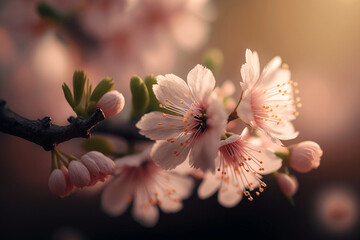 Obraz na płótnie Canvas Blooming sakura branch. Cherry blossom in spring. Spring sakura blossom on a tree branches. AI generated image.