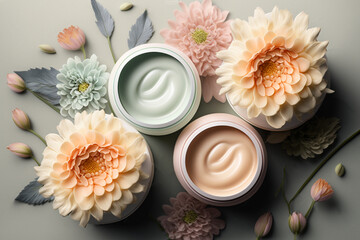 Obraz na płótnie Canvas Natural organic eco cosmetics in open jars with blooming flowers, beauty and SPA theme. Cosmetic containers with cream or lotion, natural ingredients, face care concept. AI generated image.