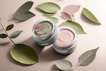Eco friendly cosmetics decorated with green leaves, organic facial skincare, makeup and skin care cosmetic items. AI generated image. - obrazy, fototapety, plakaty