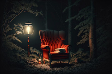 Red soft chair in the woods with a lamp, a quiet place for reading concept, fantastic scene, fantasy AI generated image.