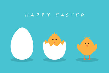happy easter minimal design with egg and little chick on blue background © krissikunterbunt