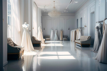 luxurious wedding dresses on display in a large haute couture store. designs for the bridal link. Design and fashion. Illustration. Generative AI