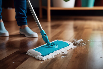 Woman housewife holding mop cleaning the wooden floor at home, close up.Domestic work. Illustration. Generative AI