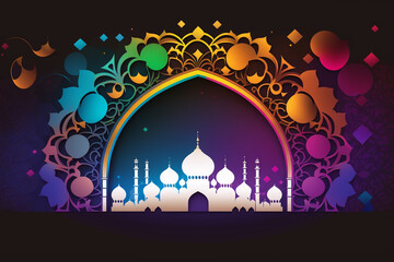 Illustration of a mosque during ramadan celebrations in a vibrant colorful motif created using Generative AI technology