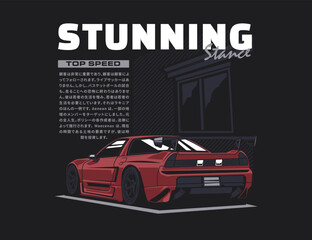 t-shirt design illustration with red car and background also text vector graphic