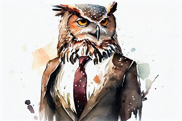 Watercolor Illustration of a Portrait Of An Owl Dressed In A Formal Business Suit On White Background, White. Generative AI