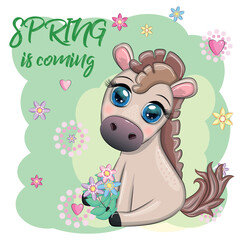 Cute cartoon horse, pony for card with flowers, spring is coming