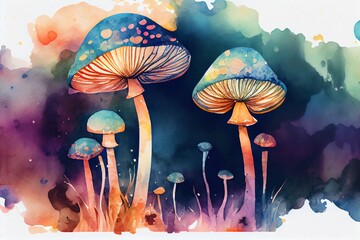 Watercolor Illustration of a Psychedelic Mushrooms, Grow Psilocybe Wallpaper. Generative AI