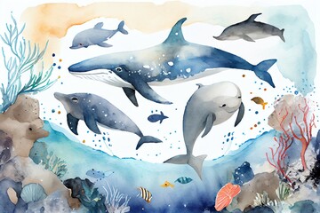 Watercolor Illustration of a Sea Â€‹Â€‹Background With Marine Animals Art Illustration. Generative AI