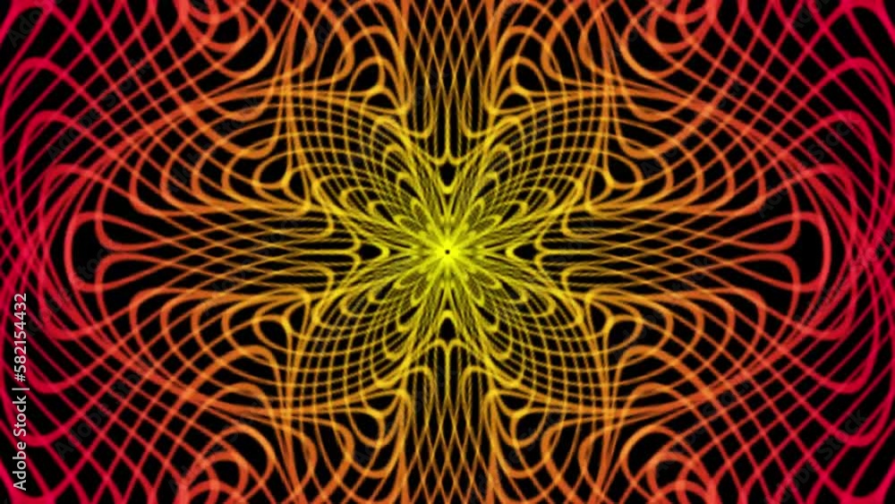 Poster optical art movement background of colorful curved lines on black. moire symmetric pattern.