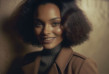 Stylish black business woman smile and wearing light brown clothes. empowered woman concept. Polaroid style. Generative AI.