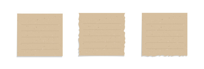 Square vintage brown torn paper illustration set. Recycled memo note paper with adhesive tape.