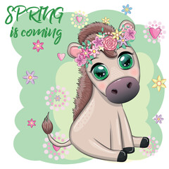 Cute cartoon donkey, pony for postcard with flowers, spring is coming