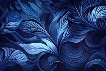 Watercolor Illustration of a Surreal Dark Blue Glossy Wallpaper With Abstract Wavy Shapes. Background With Curvy Organics Texture. Generative AI